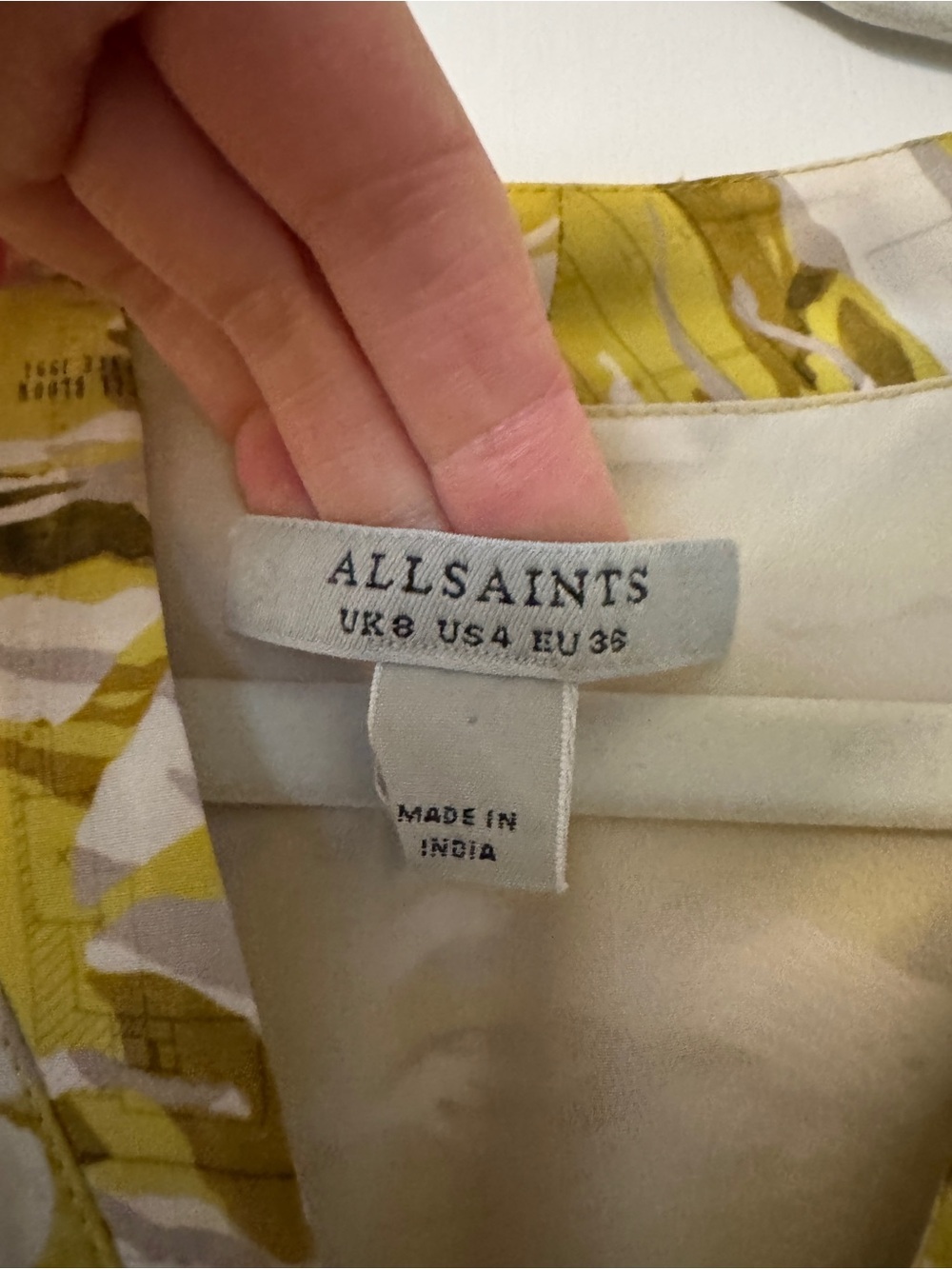 All Saints Yellow Patterned V-Neck Ruffle Mini Dress - Picture 3 of 3